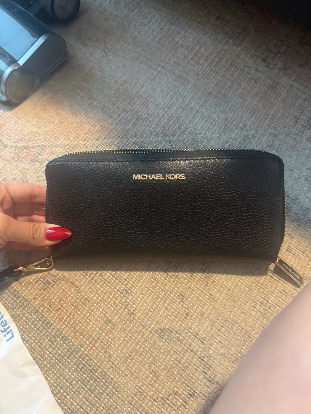 Michael Kors Black Pebbled Leather Zip Wallet with Gold Logo